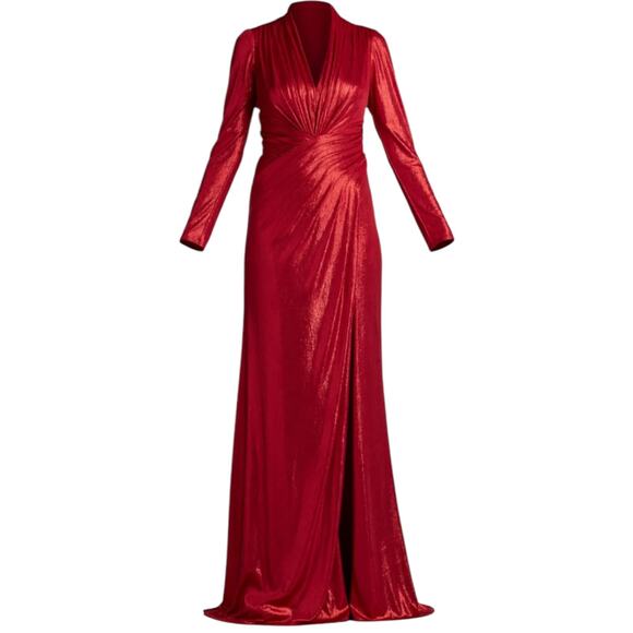 Tadashi Shoji Metallic Long Sleeve Evening Gown Deep Red Size XXL - Picture 4 of 14
